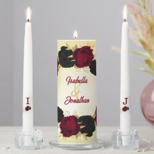 black red flowers gold leaves wedding unity candle set
