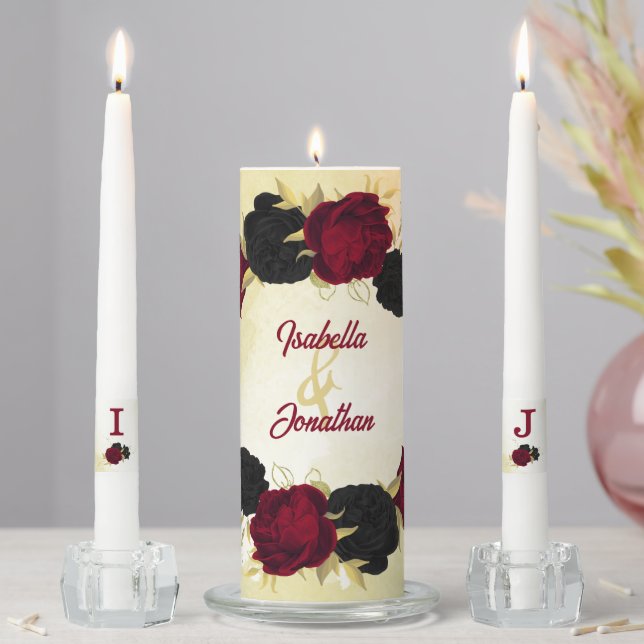 black red flowers gold leaves wedding unity candle set (In Situ)