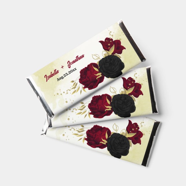 Black & red flowers gold wedding hershey bar favors (Front)