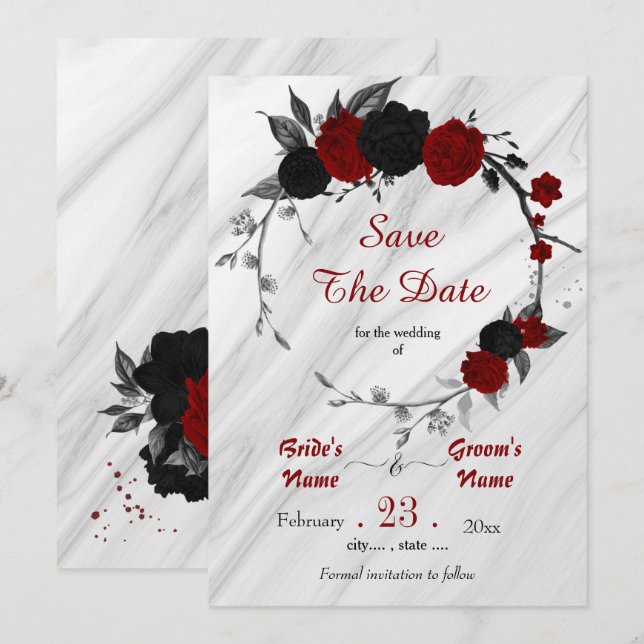 black red flowers gray leaves botanical wreath save the date (Front/Back)