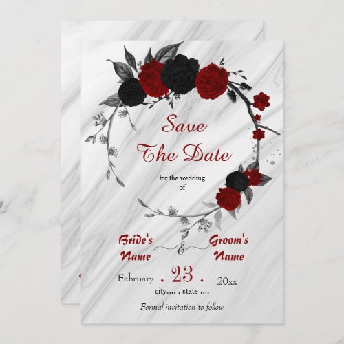 black red flowers gray leaves botanical wreath save the date