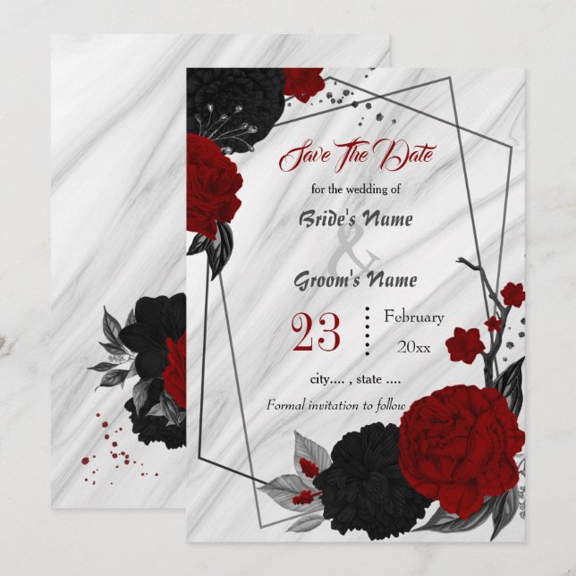 black red flowers gray leaves geometric marble save the date (Front/Back)