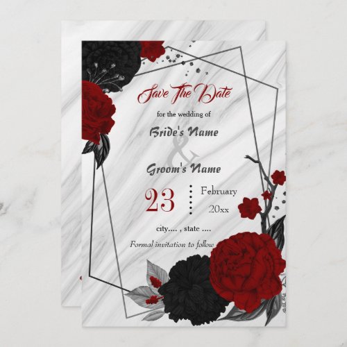 black red flowers gray leaves geometric marble save the date