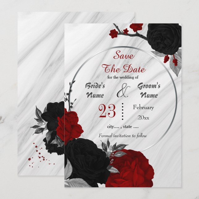 black red flowers gray leaves geometric marble  save the date (Front/Back)