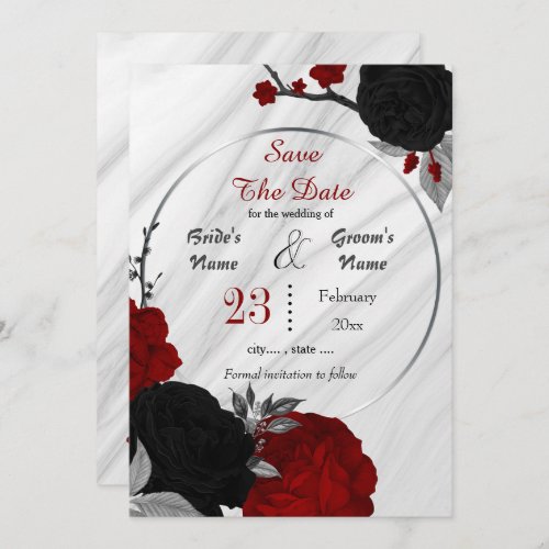 black red flowers gray leaves geometric marble  save the date