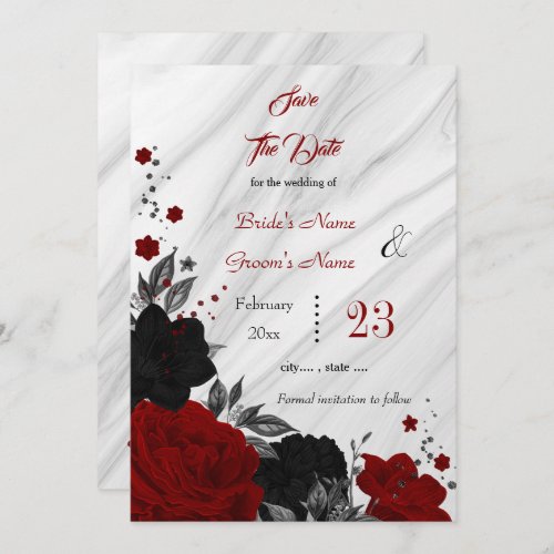 black red flowers gray leaves marble  save the date