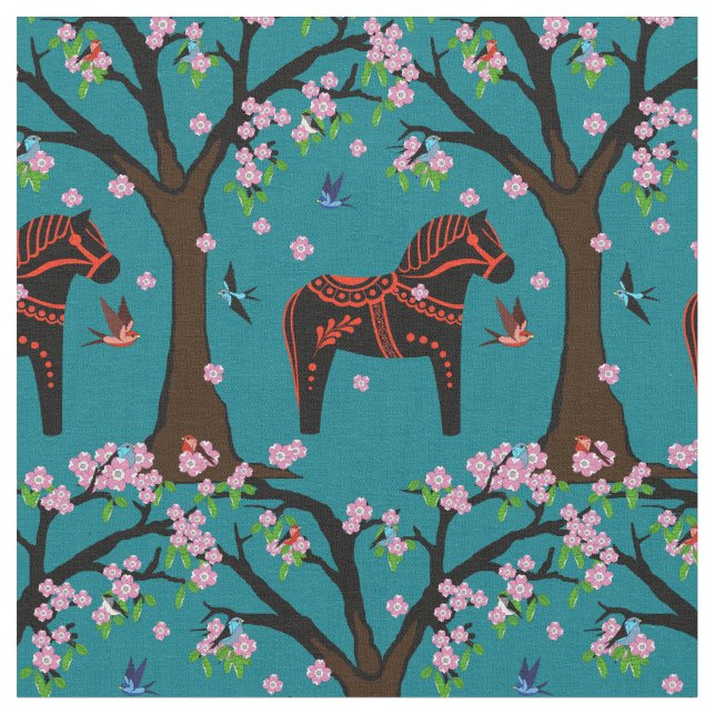 Black/red Folk Dala horse/Folk birds/flowers 2.7 Fabric (Close Up)