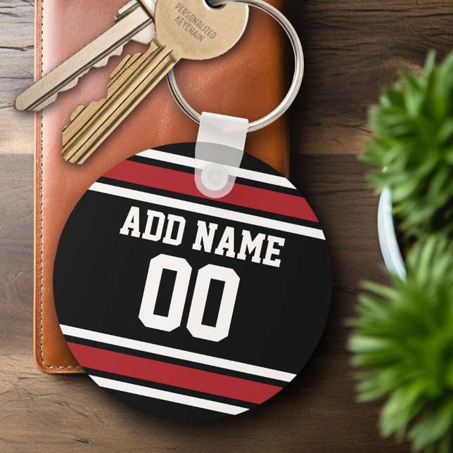 Black Red Football Jersey Custom Name Number Keychain (Personalized Keychain - Sports Jersey Football Theme)