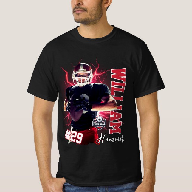 Black Red Football Player Cutom Name & Photo T-Shirt (Front)