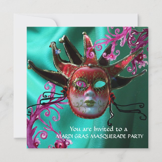 BLACK RED FUCHSIA JESTER MASK  Masquerade Ball Invitation (Front)