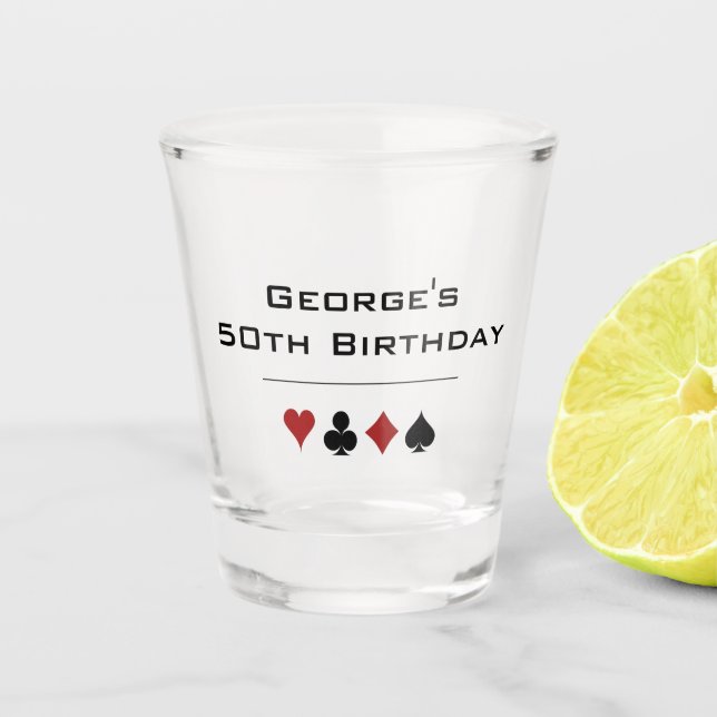 Black Red Gambling Casino Card Suits Birthday Shot Glass (Front)