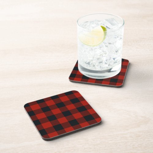 Black  Red Gingham Buffalo Checkered Plaid Beverage Coaster