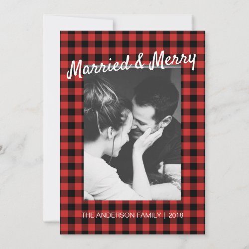 Black Red Gingham Married Merry Thank You Photo Holiday Card