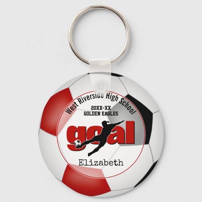 black red girls soccer goal team spirit sports keychain (Front)