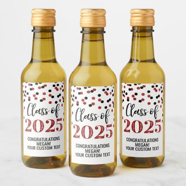 Black Red Glitter Class of 2025 Graduation Wine Label (Bottles)