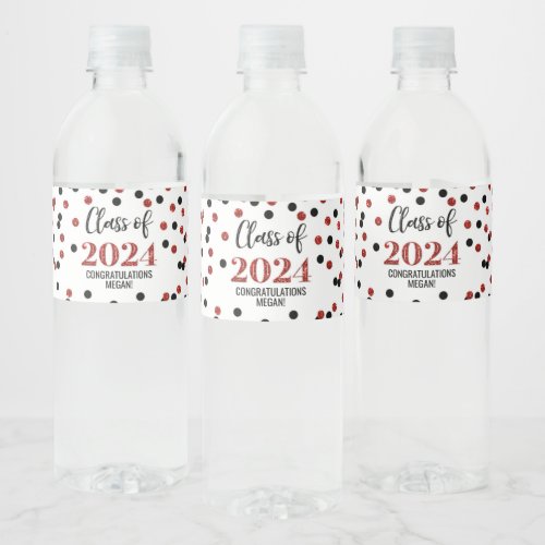 Black Red Glitter Confetti Graduation Water Bottle Label