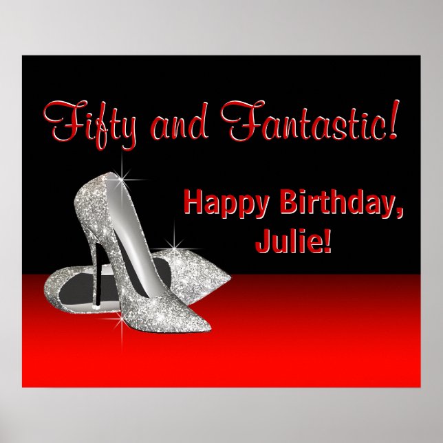Black Red Glitter High Heels Birthday Party Banner Poster (Front)