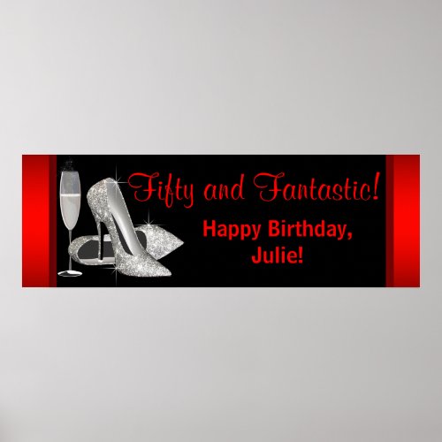 Black Red Glitter High Heels Birthday Party Banner Poster