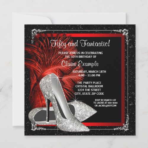 Black Red Glitter High Heels Womans 50th Birthday Invitation