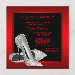 Black Red Glitter High Heels Womans 50th Brithday Invitation