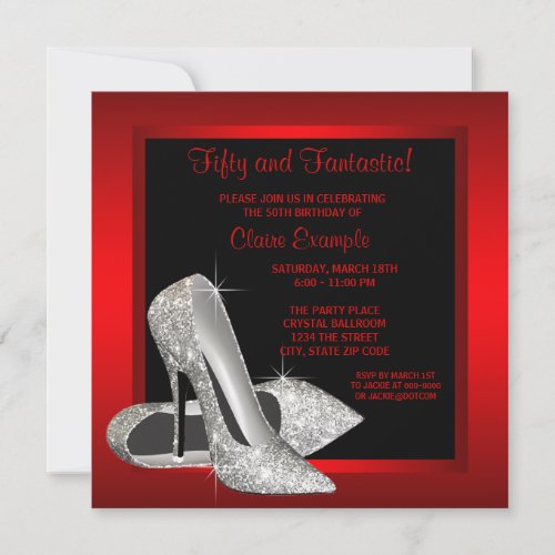 Black Red Glitter High Heels Womans 50th Brithday Custom Invitations