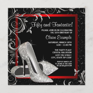 Black Red Glitter High Heels Womans Birthday Invitation