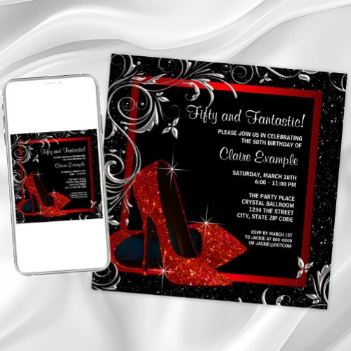 Black Red Glitter High Heels Womans Birthday Invitation