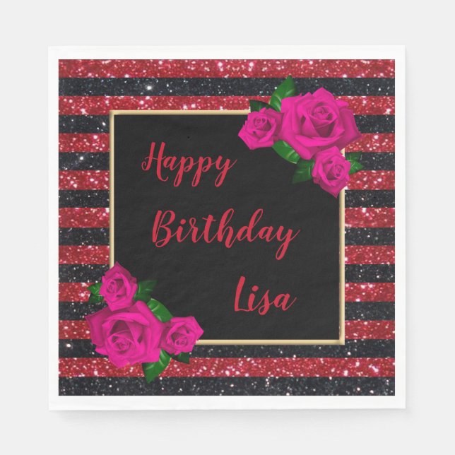 Black Red Glitter Stripes Pink Roses Birthday Napkins (Front)