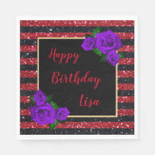 Black Red Glitter Stripes Purple Roses Birthday Napkins