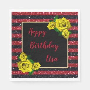 Black Red Glitter Stripes Yellow Roses Birthday Napkins