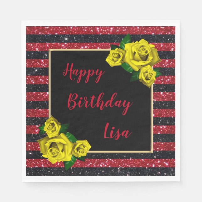 Black Red Glitter Stripes Yellow Roses Birthday Napkins (Front)