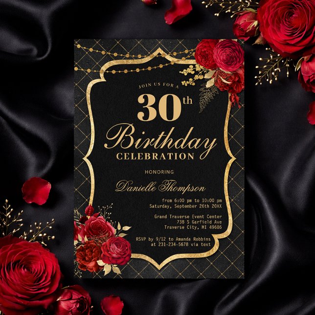 Black, Red & Gold 30th Birthday Invitation (Black, Red & Gold 30th Birthday Invitation with Roses
)