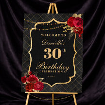 Black, Red & Gold 30th Birthday Welcome Sign