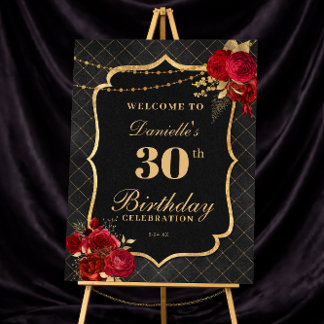 Black, Red & Gold 30th Birthday Welcome Sign