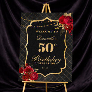 Black, Red & Gold 50th Birthday Welcome Sign