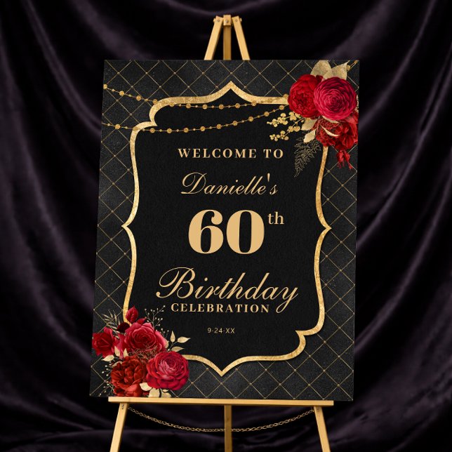 Black, Red & Gold 60th Birthday Welcome Sign (Black, Red & Gold 60th Birthday Welcome Sign)