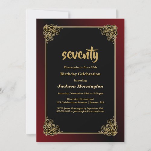 Black Red Gold 70th Birthday Celebration Invitation