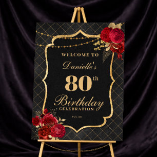Black, Red & Gold 80th Birthday Welcome Sign