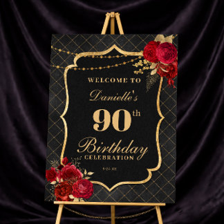 Black, Red & Gold 90th Birthday Welcome Sign