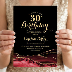 Black Red Gold Agate 30th Birthday Invitation