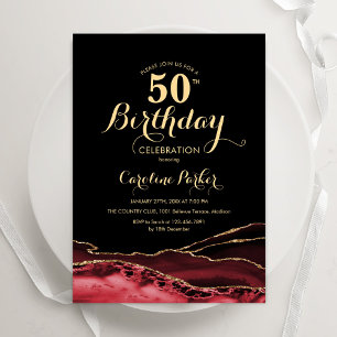 Black Red Gold Agate 50th Birthday Invitation