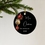 Black red gold baubles Christmas Ceramic Ornament<br><div class="desc">A modern black colored gradient background. Decorated with red and gold baubles.  Personalize and add your name,  year.  Text: Merry Christmas</div>
