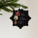Black red gold baubles Christmas decor Ornament Card<br><div class="desc">A modern black colored background. Decorated with red and gold baubles and some greenery and a pine cone.  Personalize and add your name,  year.  Text: Merry Christmas</div>