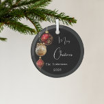 Black red gold baubles Christmas Glass Ornament<br><div class="desc">A modern black colored gradient background. Decorated with red and gold baubles.  Personalize and add your name,  year.  Text: Merry Christmas</div>