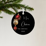 Black red gold baubles Christmas Metal Ornament<br><div class="desc">A modern black colored gradient background. Decorated with red and gold baubles.  Personalize and add your name,  year.  Text: Merry Christmas</div>
