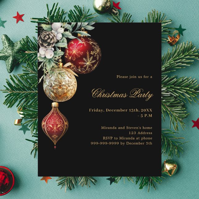 Black red gold baubles Christmas Party invitation (Creator Uploaded)