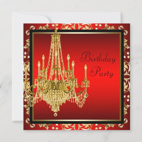 Black Red Gold Chandelier Birthday Party Invitation