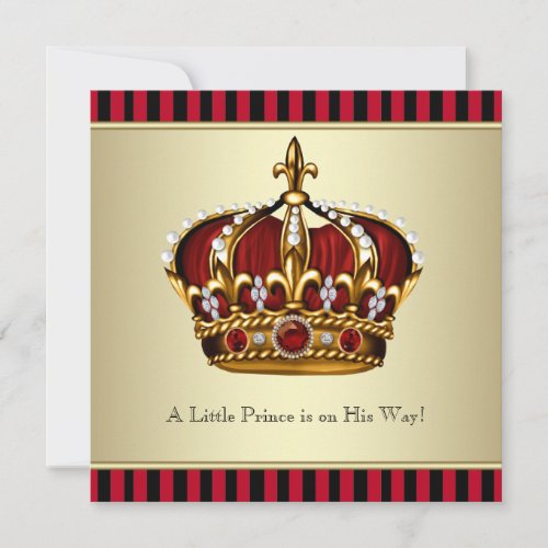 Black Red Gold Crown Little Prince Boy Baby Shower Invitation