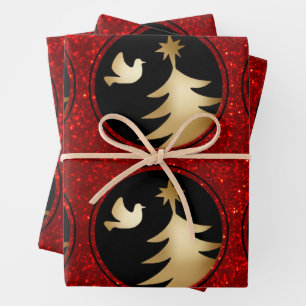 Black Red Gold Dove Christmas Tree Wrapping Paper Sheets