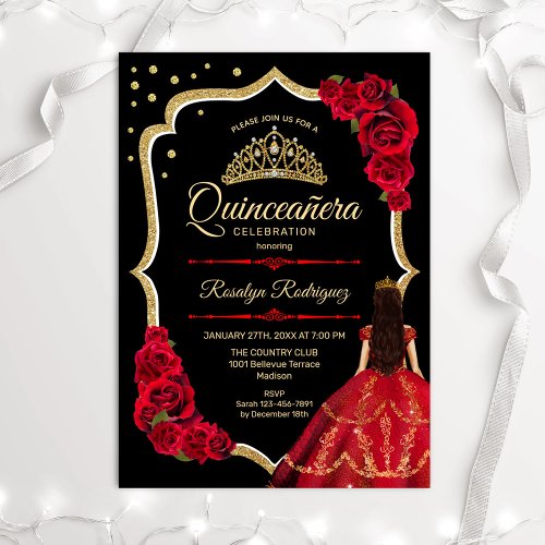 Black Red Gold Dress Quinceanera Invitation